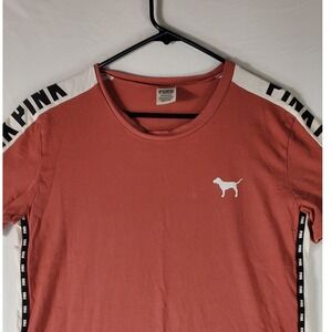 Victoria's Secret PINK T-Shirt Orange Logo Side Tape Short Sleeve Crewneck Small